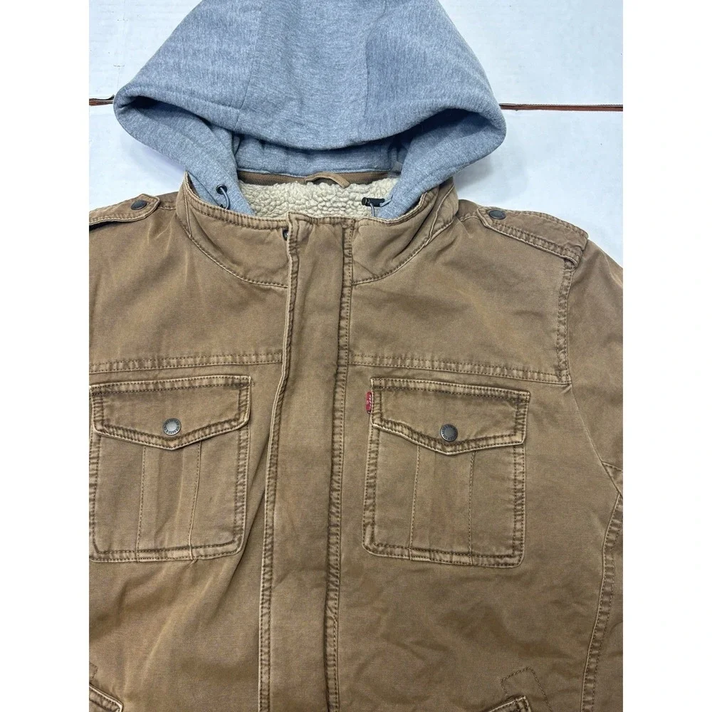 Levis‎ Sherpa Lined Work Jacket Mens L Brown Canvas Hooded Removable Liner